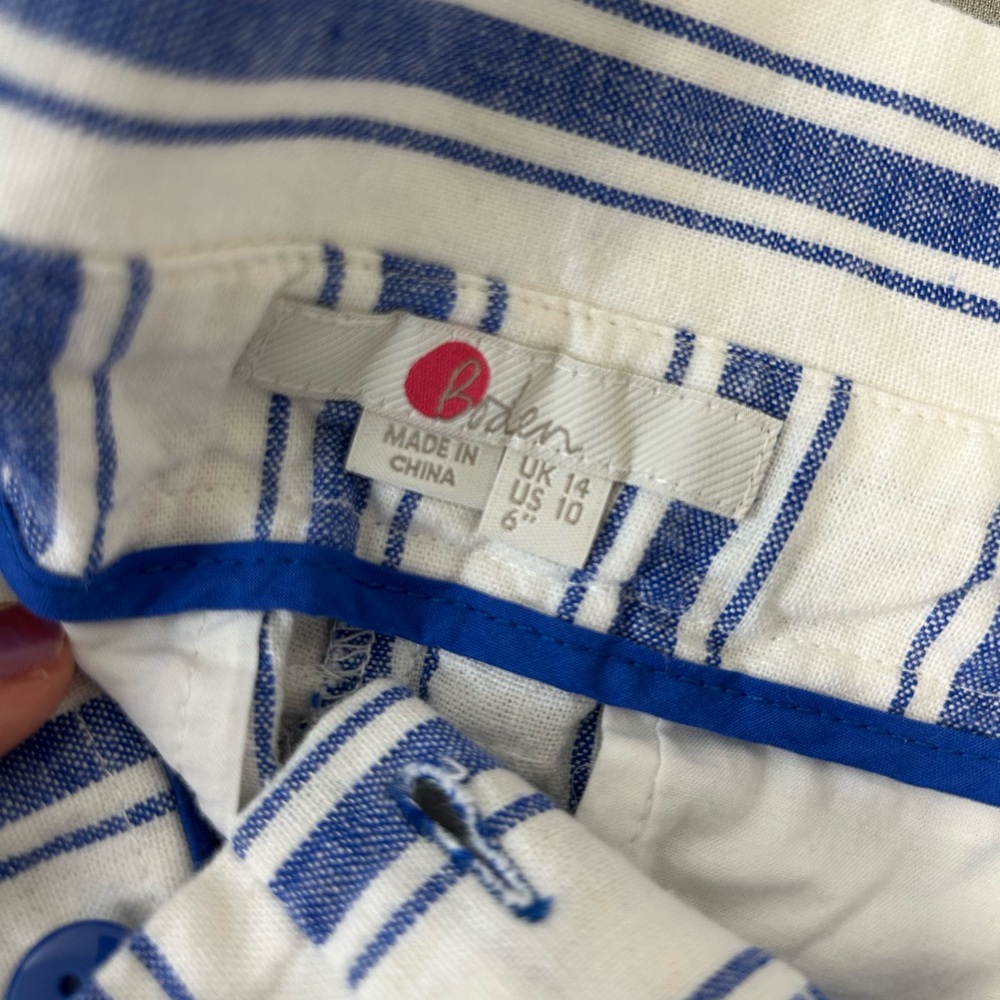 Boden Linen Blend Striped Tie Waist Paperbag Shorts Blue White Size 10 Medium - Picture 3 of 5